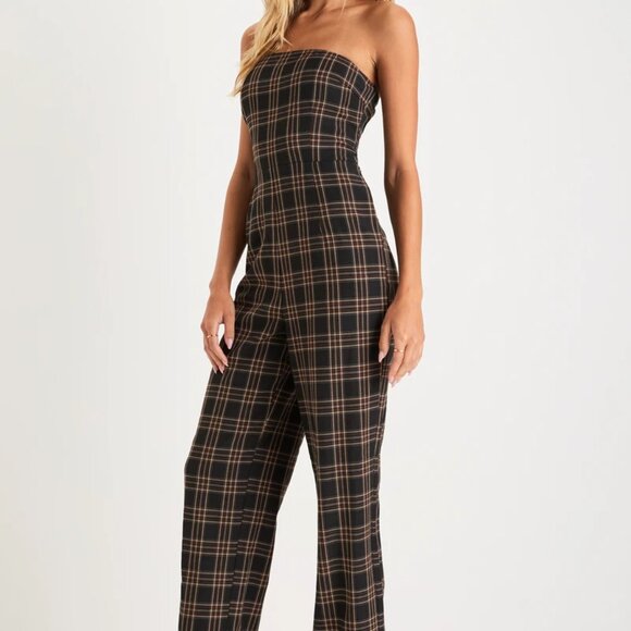 Lulus Sophisticated Mood Black Plaid Strapless Straight Leg Jumpsuit - Size XS - Picture 3 of 7